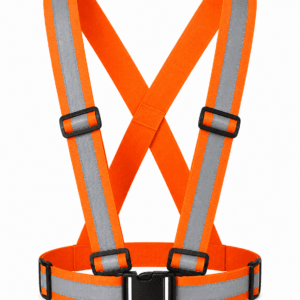 High-visibility adjustable cross safety belt with reflective polyester straps for construction, roadwork, traffic control, and industrial safety applications.