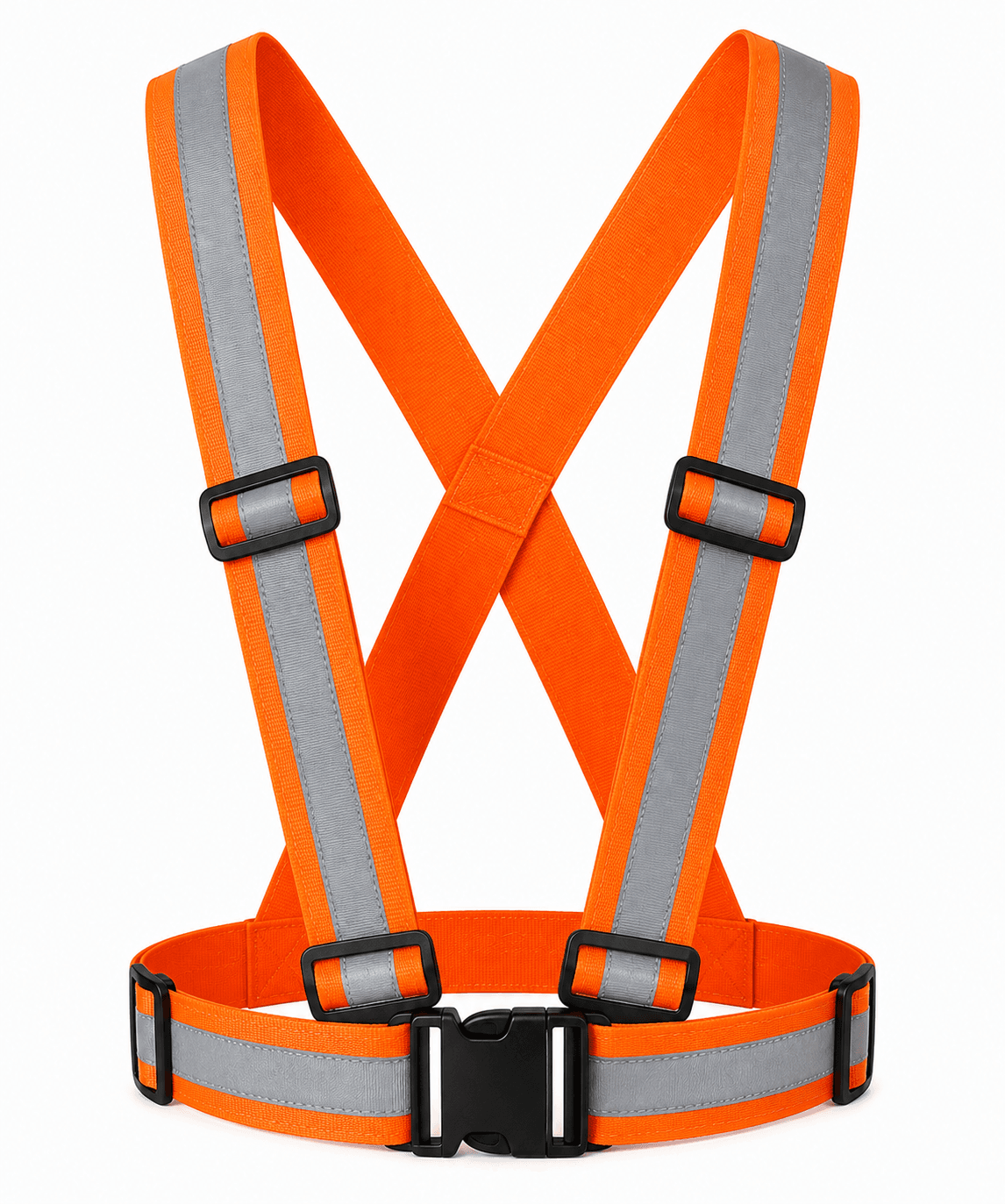 High-visibility adjustable cross safety belt with reflective polyester straps for construction, roadwork, traffic control, and industrial safety applications.