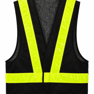 Premium black breathable mesh reflective safety vest with fluorescent yellow reflective tape for construction, traffic control, logistics, warehousing, and industrial safety.