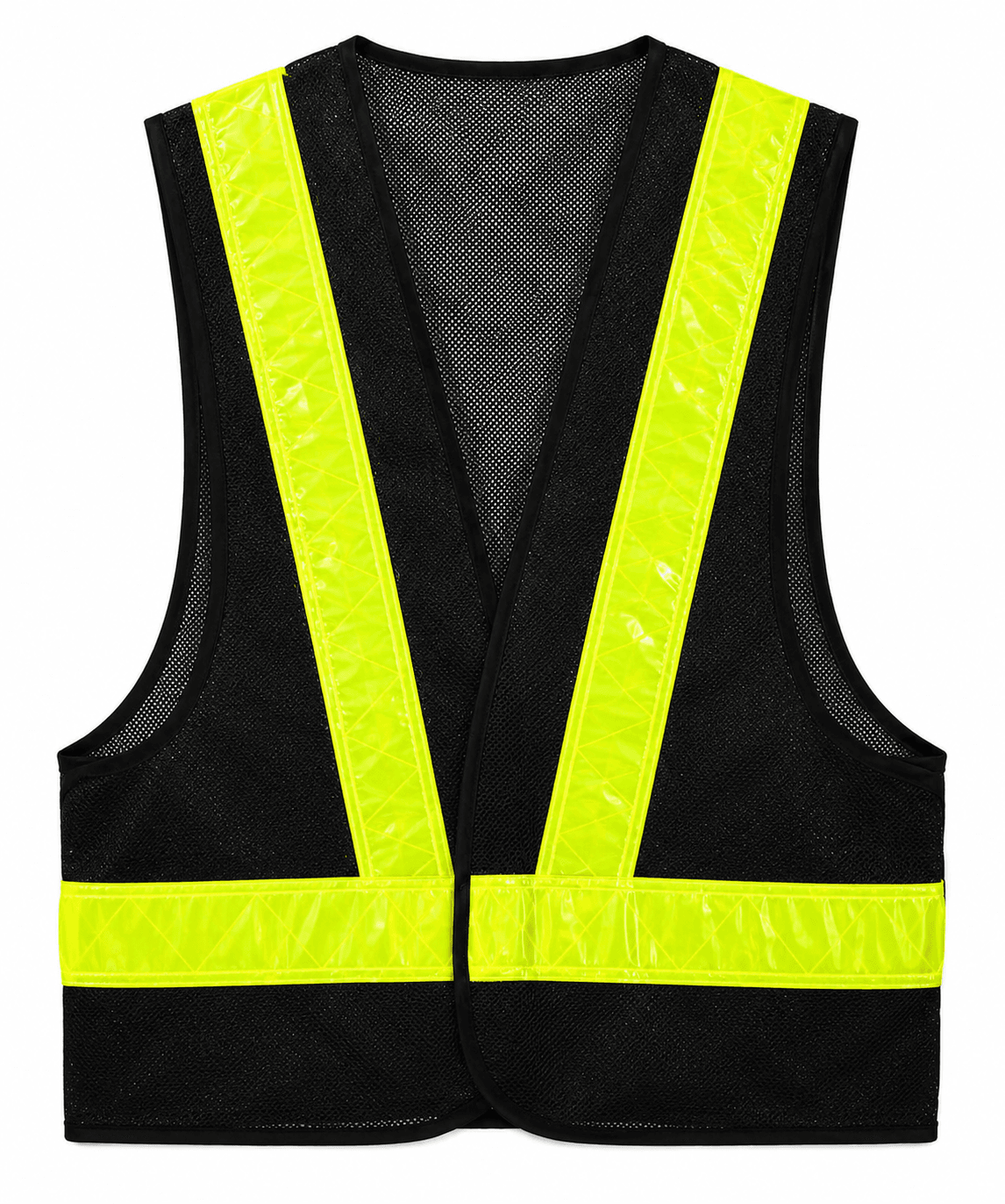 Premium black breathable mesh reflective safety vest with fluorescent yellow reflective tape for construction, traffic control, logistics, warehousing, and industrial safety.