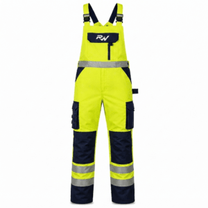 RW-102 Hi-Vis Safety Bib Coverall in fluorescent yellow with silver reflective tape, reinforced knee panels, cargo pockets, and adjustable shoulder straps for industrial safety workwear.