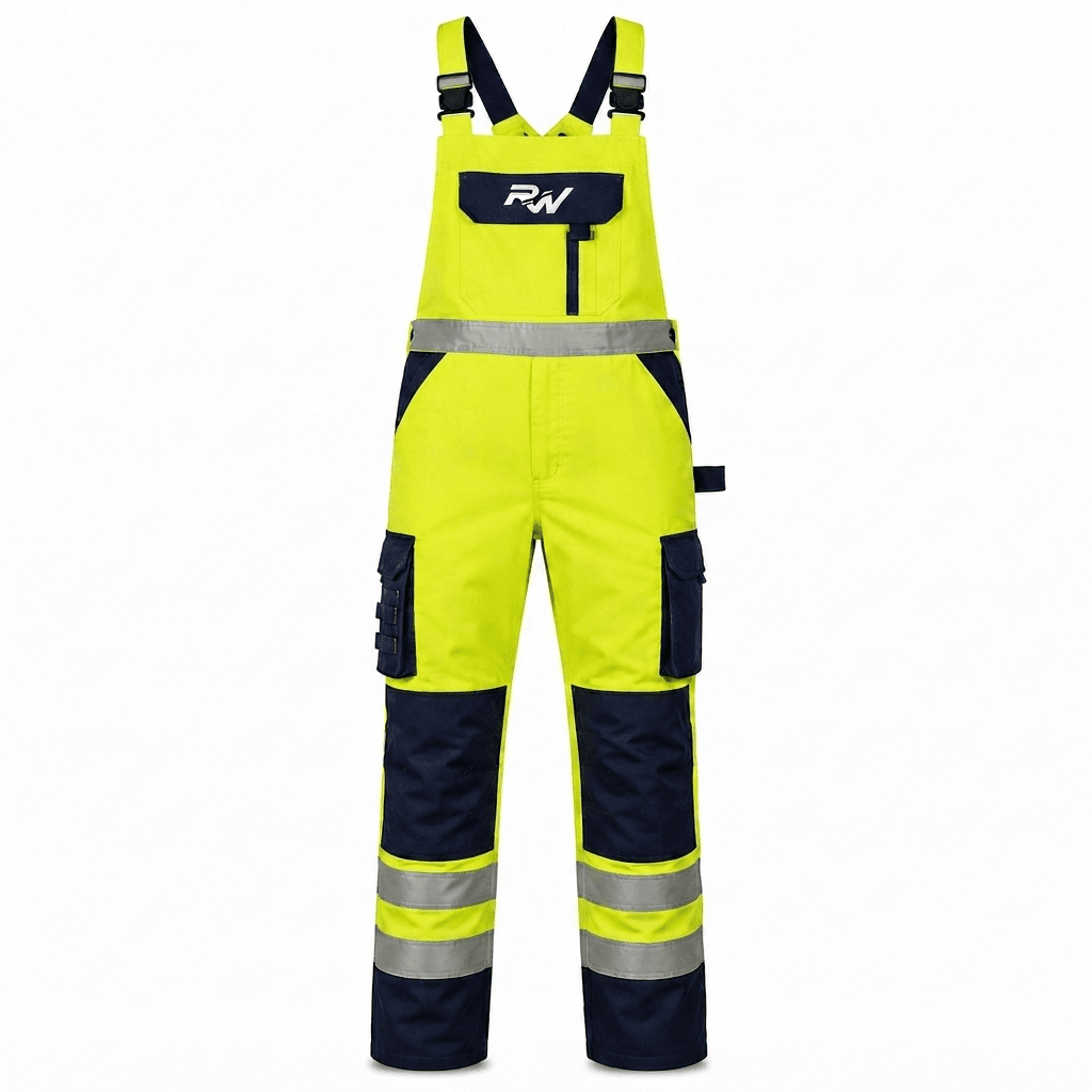 RW-102 Hi-Vis Safety Bib Coverall in fluorescent yellow with silver reflective tape, reinforced knee panels, cargo pockets, and adjustable shoulder straps for industrial safety workwear.