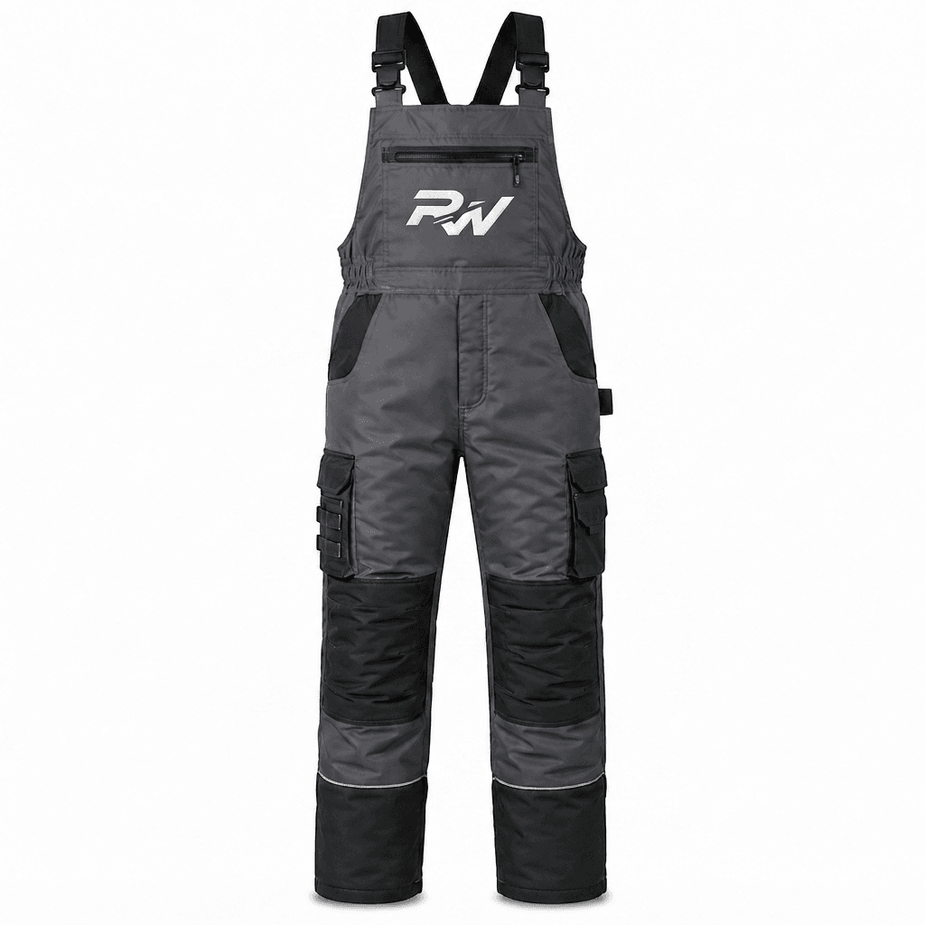 Waterproof Winter Insulated Bib Overall Manufacturer RW-103 charcoal grey thermal work bib overall with quilted insulation, reinforced knees, adjustable shoulder straps, and waterproof industrial construction.