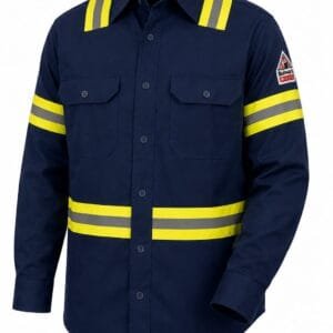 Premium navy blue high-visibility reflective industrial work shirt with fluorescent reflective tape for construction, mining, oil & gas, utilities, and industrial safety.
