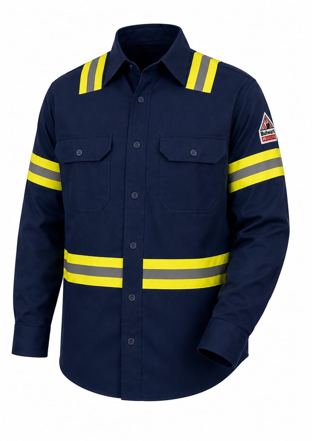 Premium navy blue high-visibility reflective industrial work shirt with fluorescent reflective tape for construction, mining, oil & gas, utilities, and industrial safety.