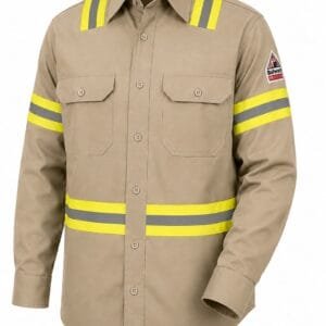 Premium khaki high-visibility reflective industrial work shirt with fluorescent reflective tape for construction, mining, utilities, engineering, and industrial safety.