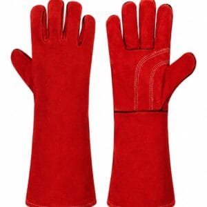 Premium red split leather heat resistant welding safety gloves with extended gauntlet cuff for industrial welding and fabrication.