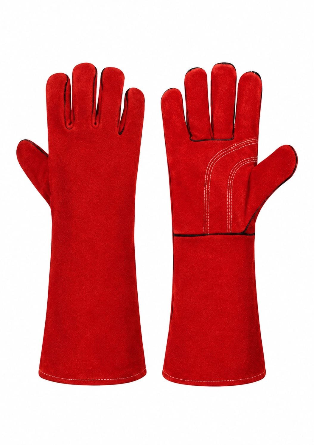 Premium red split leather heat resistant welding safety gloves with extended gauntlet cuff for industrial welding and fabrication.