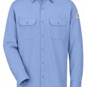 Premium light blue flame resistant industrial work shirt manufactured from FR cotton fabric for oil & gas, welding, electrical, mining, and industrial safety applications.