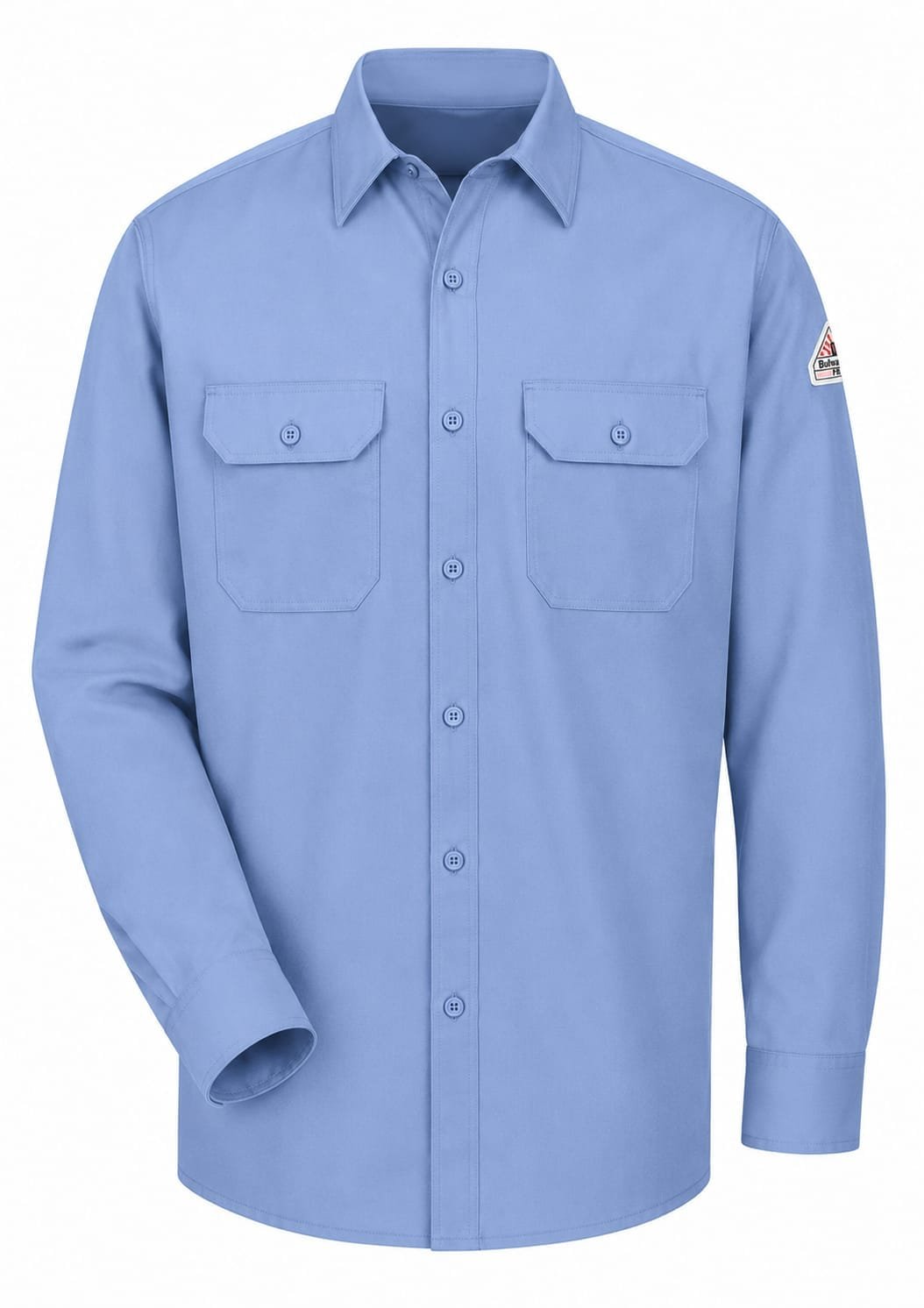 Premium light blue flame resistant industrial work shirt manufactured from FR cotton fabric for oil & gas, welding, electrical, mining, and industrial safety applications.