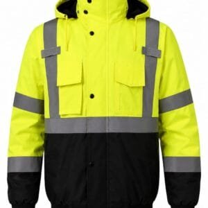 Premium waterproof fluorescent yellow and black high-visibility safety jacket with reflective tape, insulated lining, and detachable hood for construction, utilities, logistics, and industrial safety.