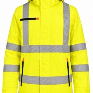 Premium fluorescent yellow waterproof hi-vis softshell safety jacket with reflective tape, fleece lining, waterproof zippers, and adjustable hood for construction, utilities, logistics, and industrial work.