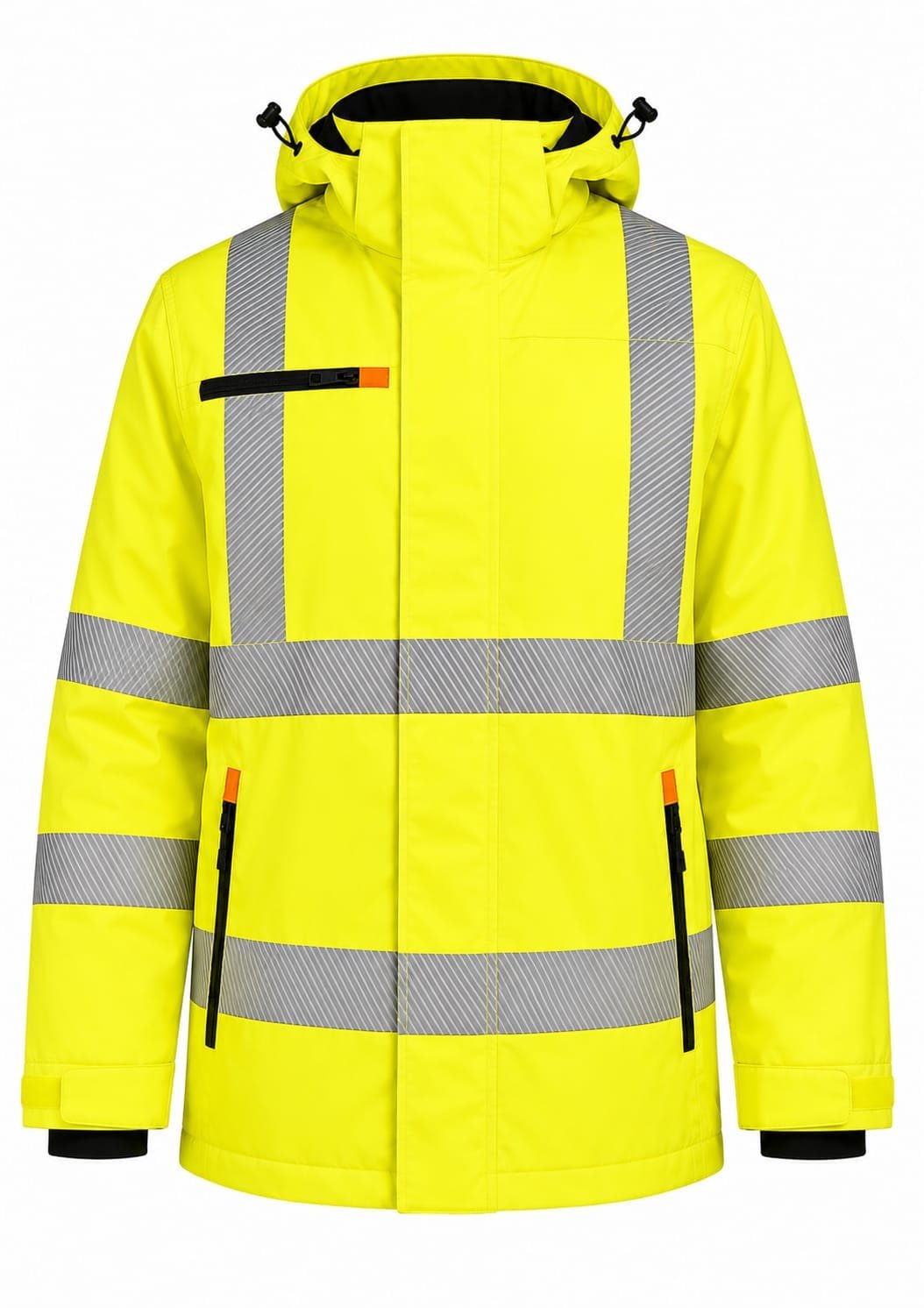 Premium fluorescent yellow waterproof hi-vis softshell safety jacket with reflective tape, fleece lining, waterproof zippers, and adjustable hood for construction, utilities, logistics, and industrial work.