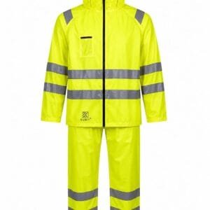 Premium fluorescent yellow waterproof high-visibility rain suit with reflective tape including waterproof jacket and trousers for construction, highways, utilities, and industrial safety.