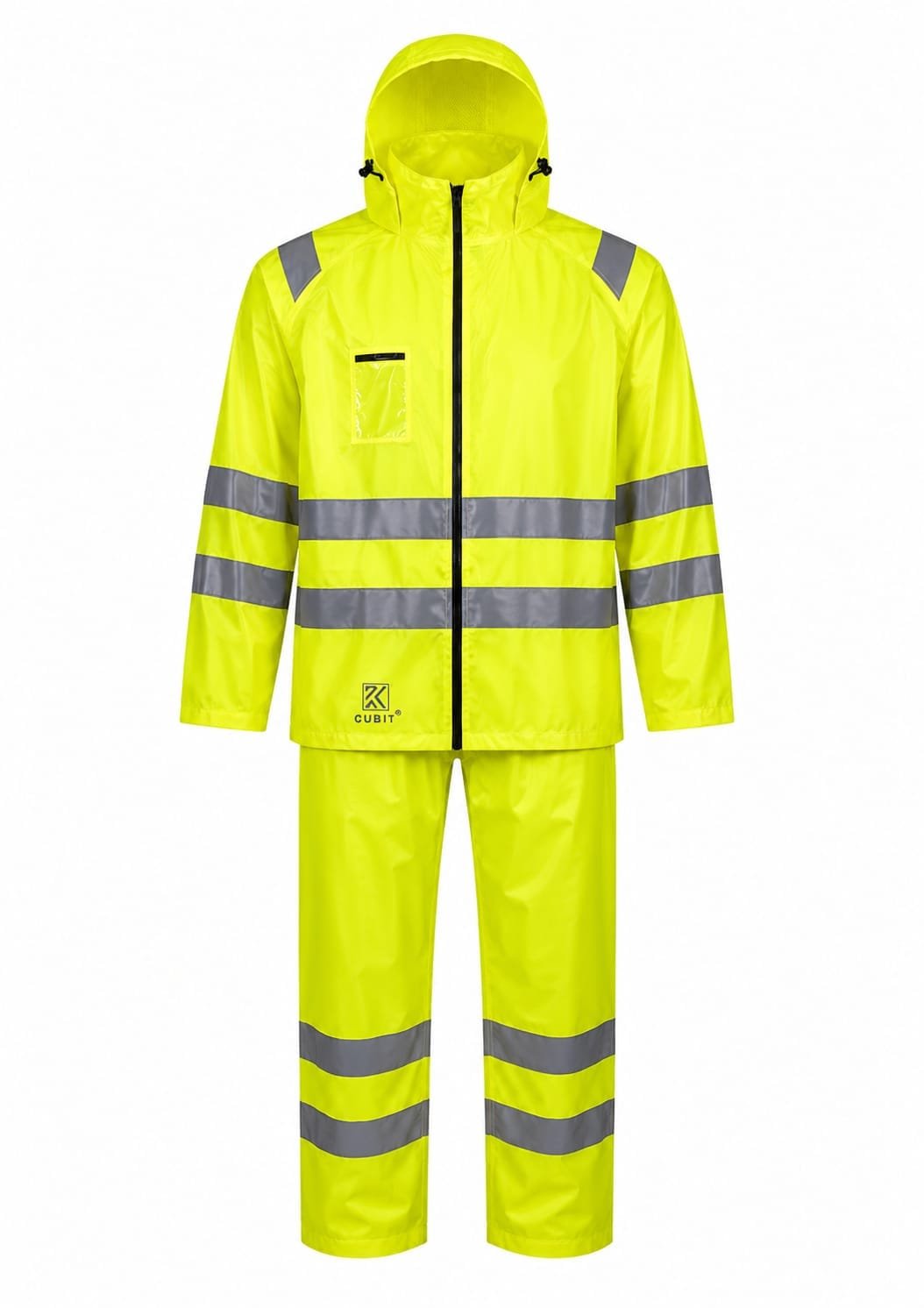 Premium fluorescent yellow waterproof high-visibility rain suit with reflective tape including waterproof jacket and trousers for construction, highways, utilities, and industrial safety.