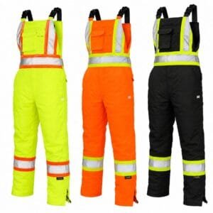 Premium high-visibility reflective bib and brace overall available in fluorescent yellow, fluorescent orange, and black with adjustable shoulder straps for construction, highways, railways, and industrial work.