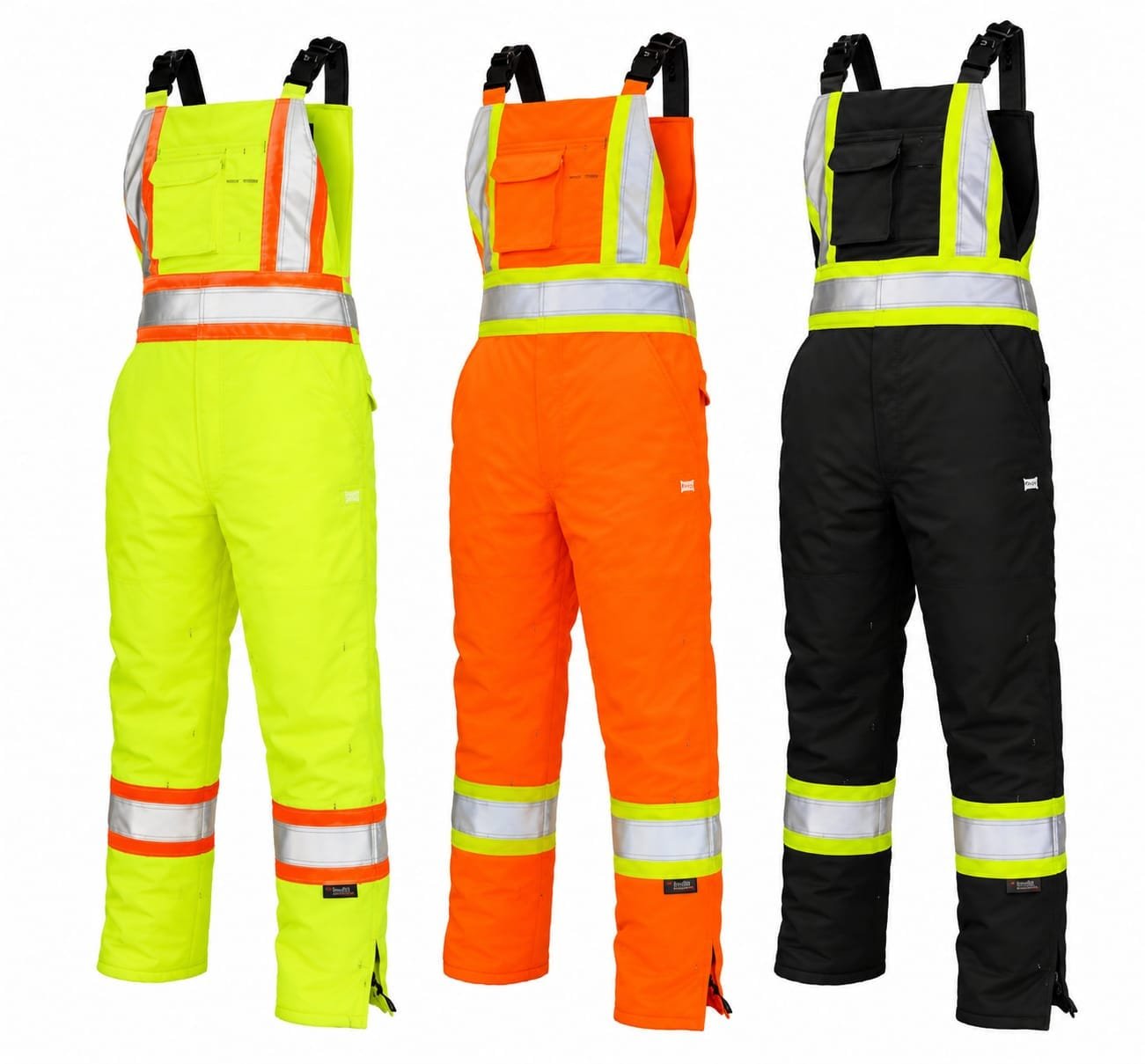 Premium high-visibility reflective bib and brace overall available in fluorescent yellow, fluorescent orange, and black with adjustable shoulder straps for construction, highways, railways, and industrial work.