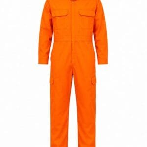 Premium orange industrial coverall manufactured from durable 240 GSM polycotton fabric with multiple utility pockets for engineering, construction, mining, and industrial work.