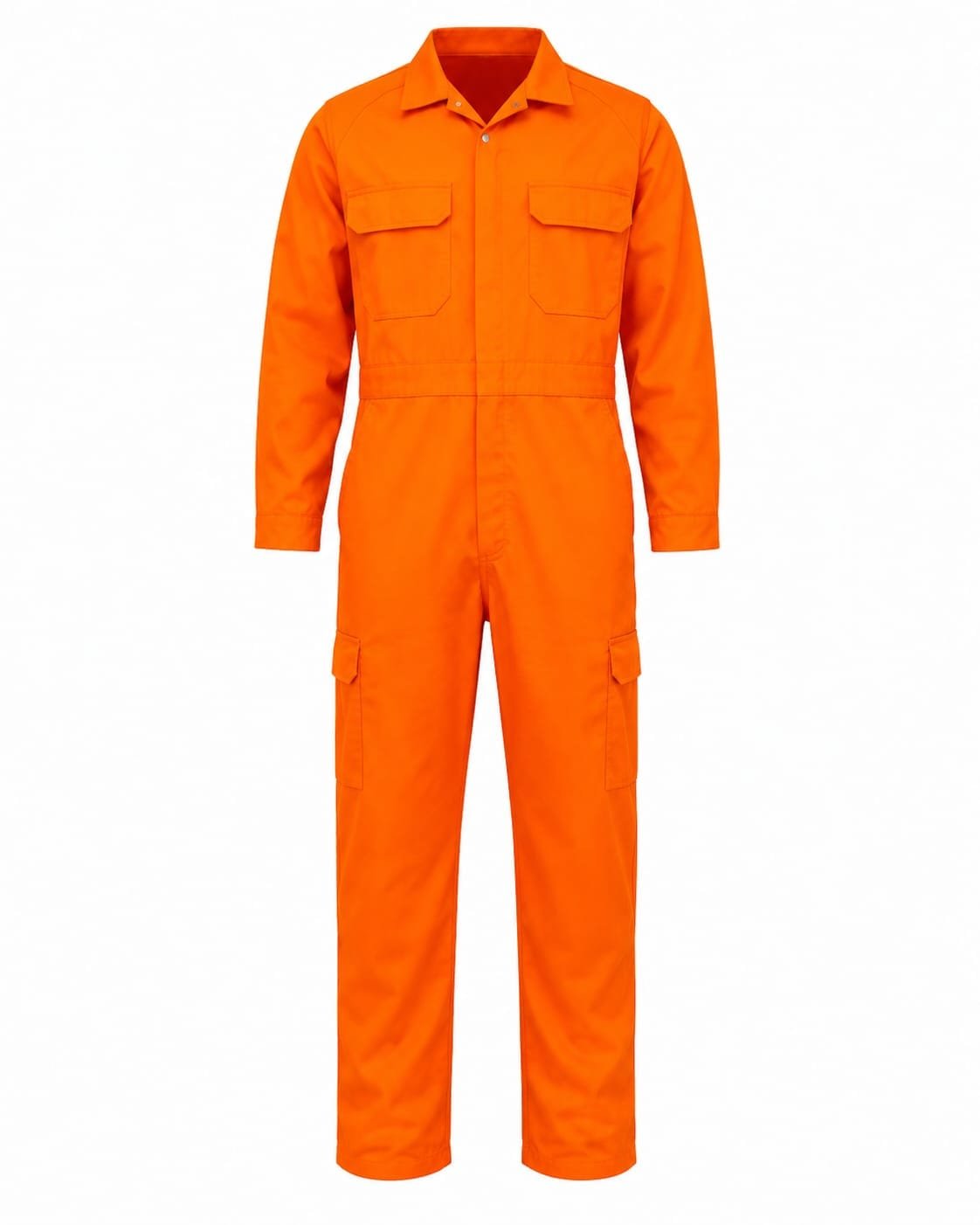 Premium orange industrial coverall manufactured from durable 240 GSM polycotton fabric with multiple utility pockets for engineering, construction, mining, and industrial work.