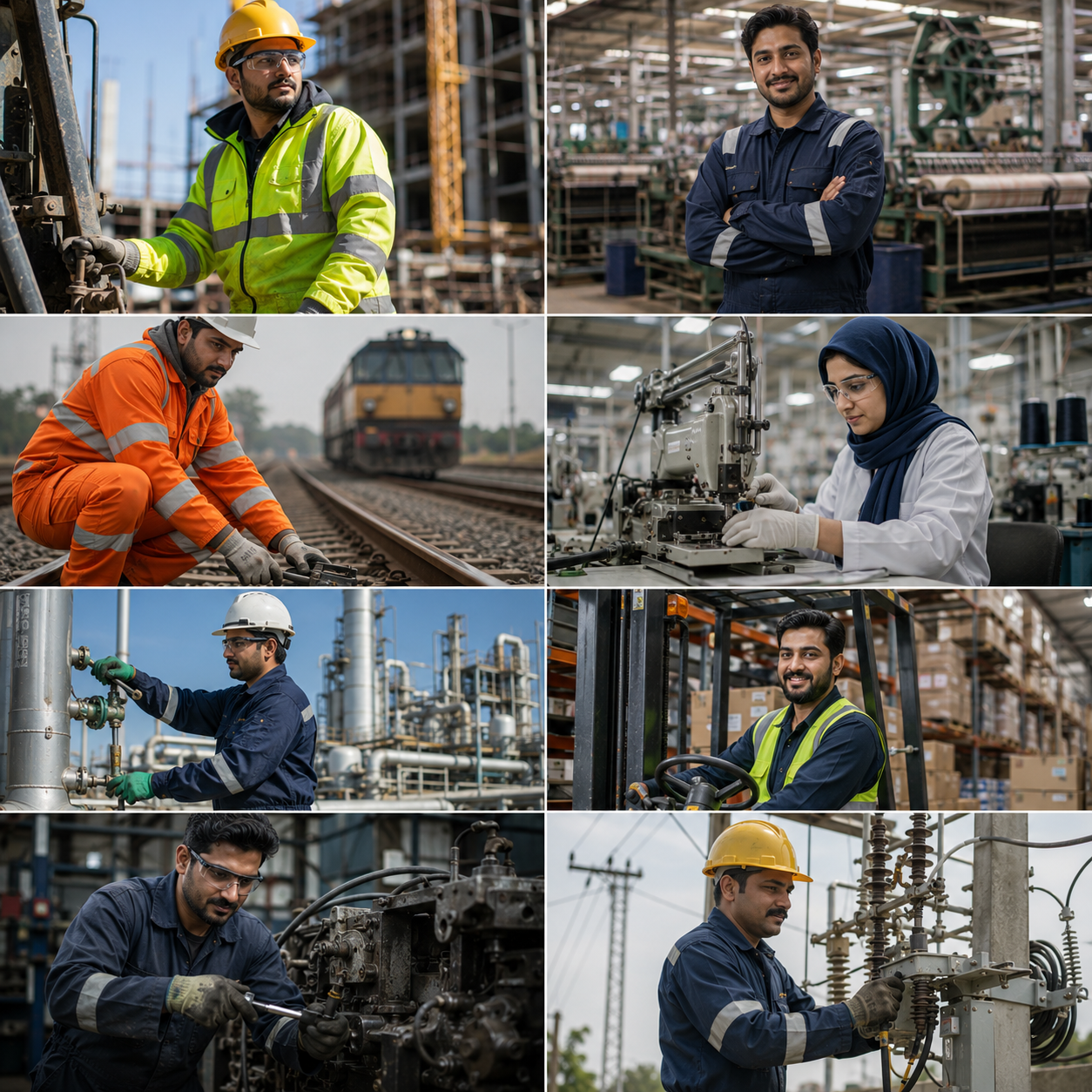 Industrial workers from multiple industries wearing premium workwear