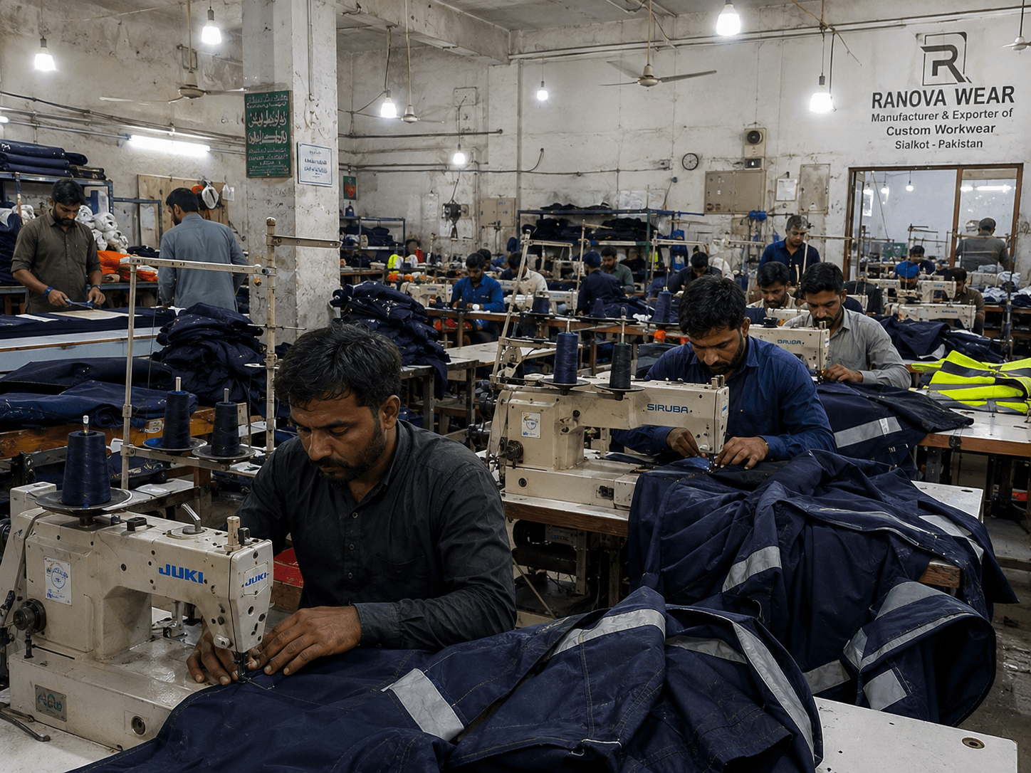 Pakistani workwear manufacturing factory with industrial sewing machines and workers producing private label uniforms